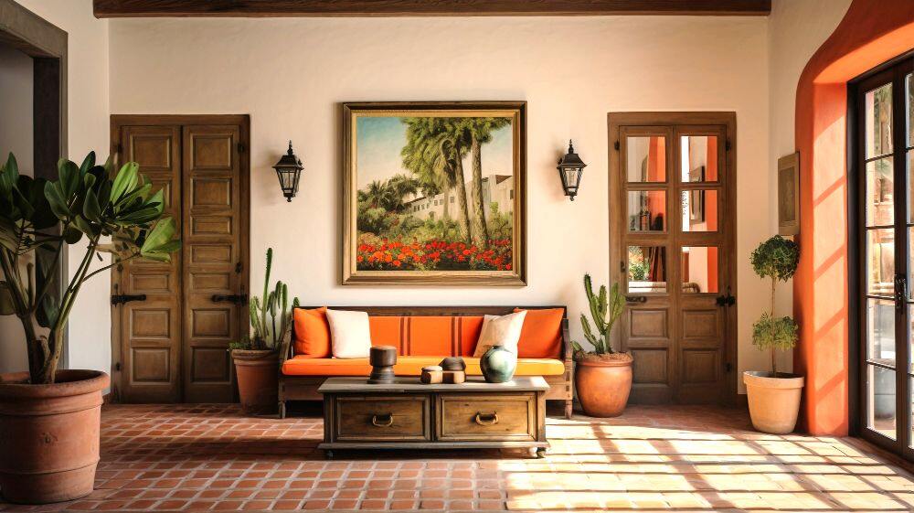 Un encantador recibidor de diseño rústico en el que se hace uso de muebles elegantes fabricados de madera natural, decorados con una amplia variedad de plantas.