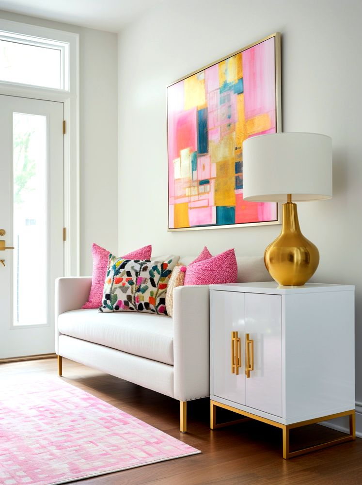 La imagen muestra un recibidor con paredes y muebles de color blanco, decorados con artículos dorados y rosados.