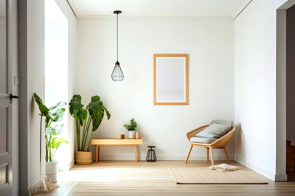 Un recibidor con muebles de madera pequeños acompañados de algunas plantas decorativas, que dan estilo y frescura al lugar sin ocupar mucho espacio.