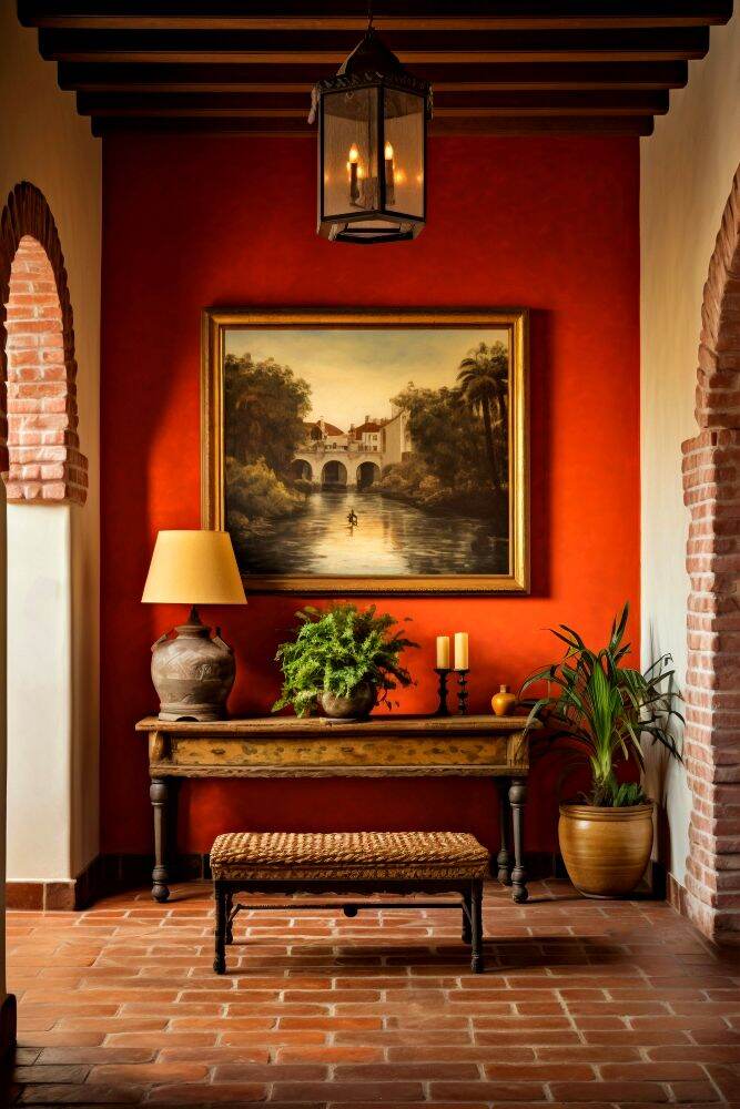 Recibidor que combina el espacio rústico con muebles y decoración de estilo clásico, además de algunas plantas decorativas.