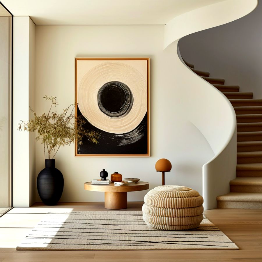 Un recibidor de estilo minimalista a lado de una escalera caracol, en el que pueden verse algunos muebles y artículos decorativos pequeños. que mantienen un espacio abierto pero muy estético.