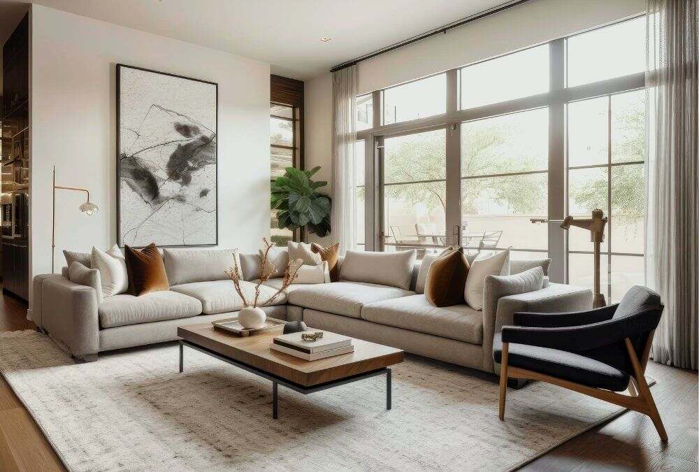 Moderna estancia con una gran sala modular blanca acompañada por una silla gris con base de madera y una sofisticada mesa de centro minimalista rectangular.