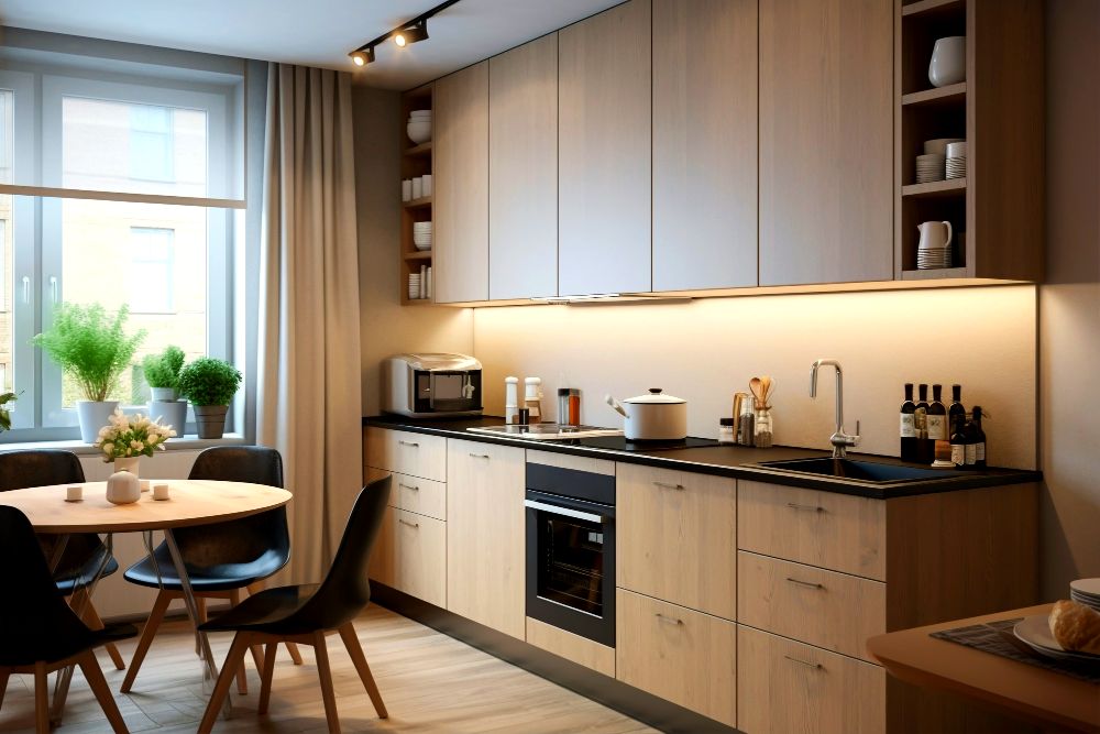 Foto de una cocina de diseño moderno en acabado natural, la cocina incluye un horno empotrable y una parrilla eléctrica. Además la cocina esta acompañada de un pequeño comedor.