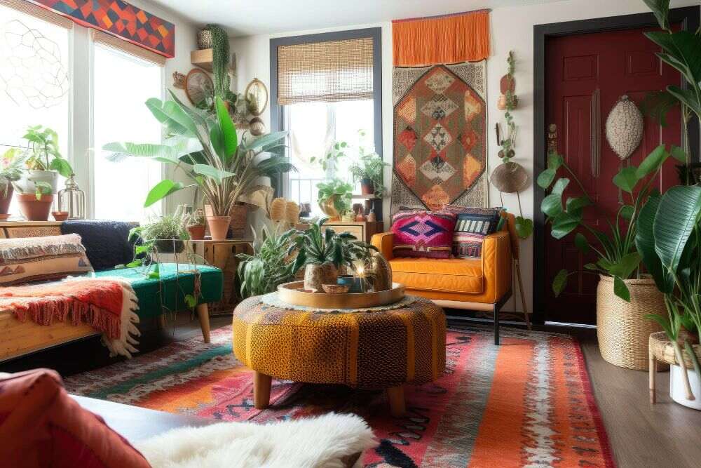 La foto presenta una estancia pequeña con un muy marcado estilo bohemio, en el que se hace una combinación de extravagantes bordados, tapetes y muebles, con plantas y accesorios de origen natural.