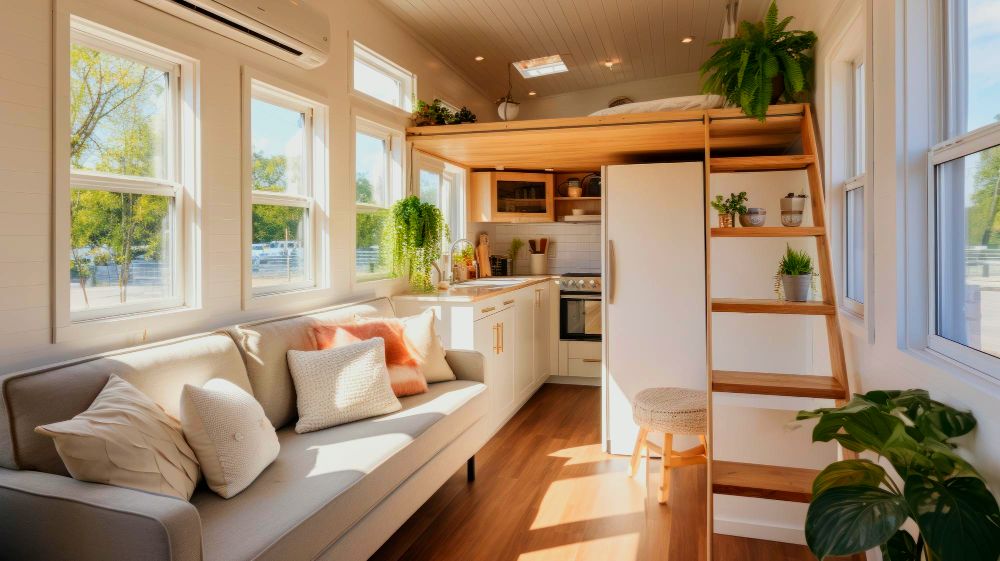 Foto de una casa con espacio muy reducido, en la cual se hizo uso de muebles minimalistas modulares y una plataforma de madera para instalar un pequeño dormitorio, todo para formar un ambiente practico y acogedor.