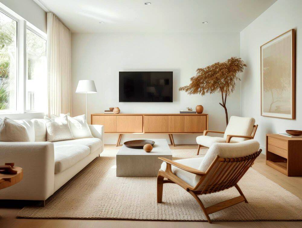 Una estancia con decoración minimalista que presenta una combinación de muebles y decoración en tonos blancos y naturales.