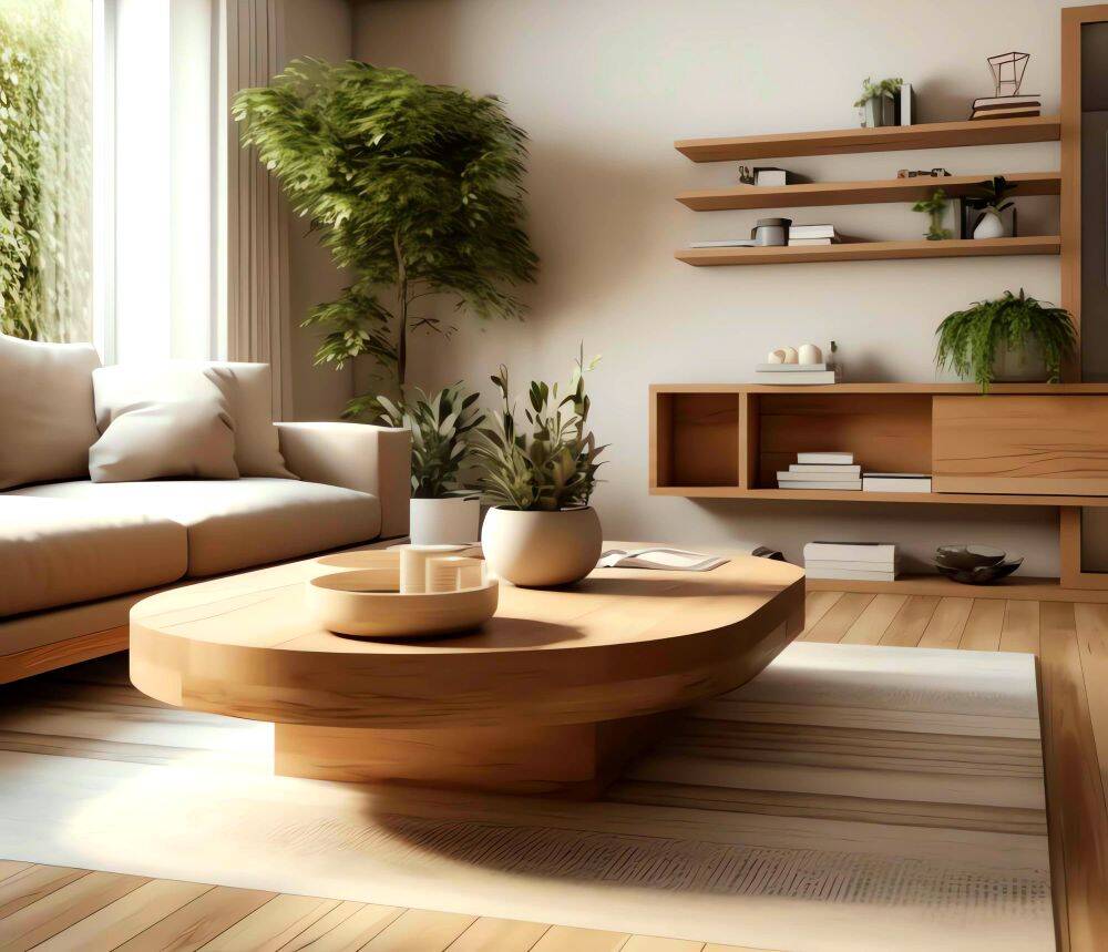 La imagen presenta una sala en el que predomina el uso de muebles fabricados con madera natural, sin embargo estos cuentan con diseños minimalistas y modernos. Además la estancia goza de una gran colección de plantas decorativas que complementan perfectamente el espacio.