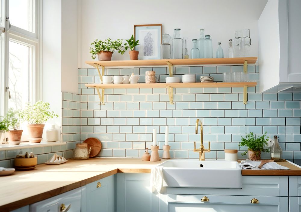 La imagen muestra una bonita cocina en escuadra blanca con cubierta y estantes de madera natural, todo decorado por plantas decorativas naturales en macetas de barro tradicionales.
