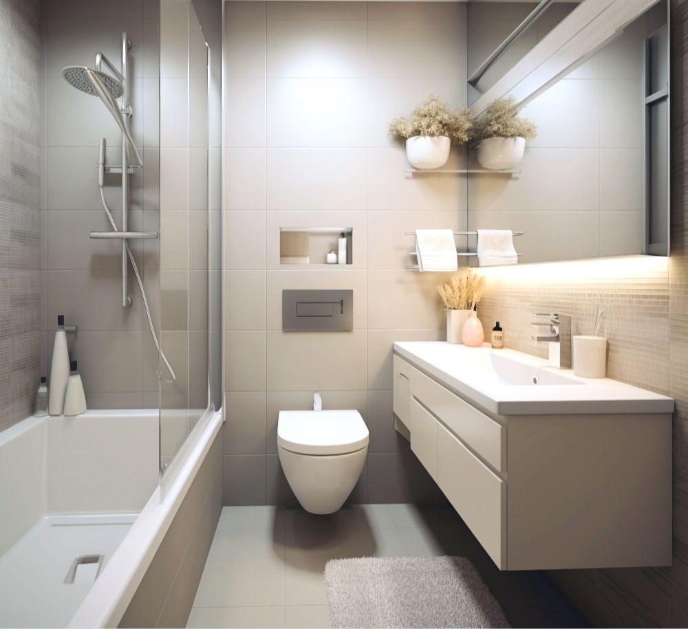 La foto presenta un baño con un diseño moderno a la vez que minimalista, en el que resalta el gran espejo con iluminación que acompaña al lavabo suspendido largo. También puede verse un pequeño inodoro suspendido y una regadera con buen espacio.