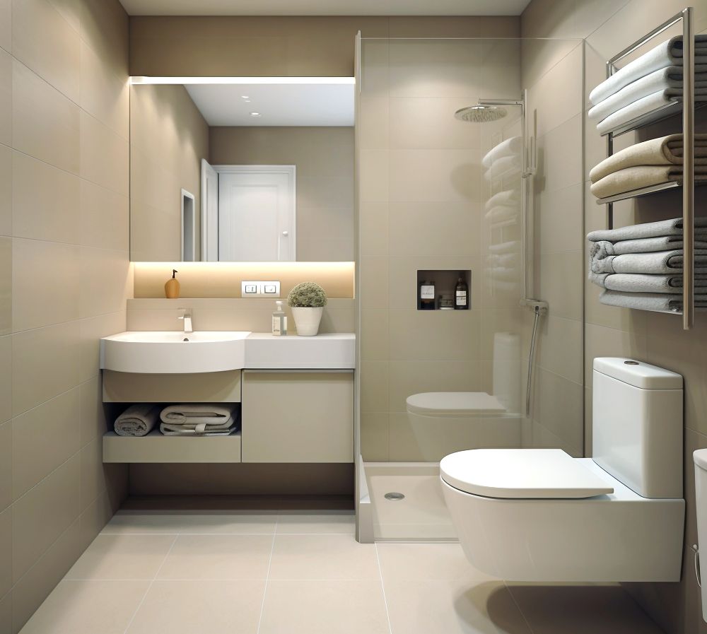La foto presenta un pequeño baño en tonos beige, en el que vemos un lavabo suspendido con tres cajones y un espacio para toallas, complementando a unas repisas de pared metálicas para organizar una gran cantidad de toallas.