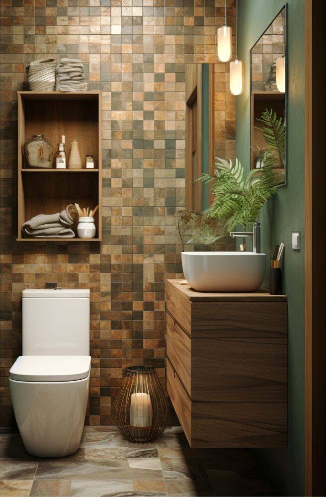 Una fotografía de un baño con una decoración escandinava, en el que los gabinetes instalados son de madera en su tono natural decorados por algunas plantas y acompañados por un bonito portavelas de piso.