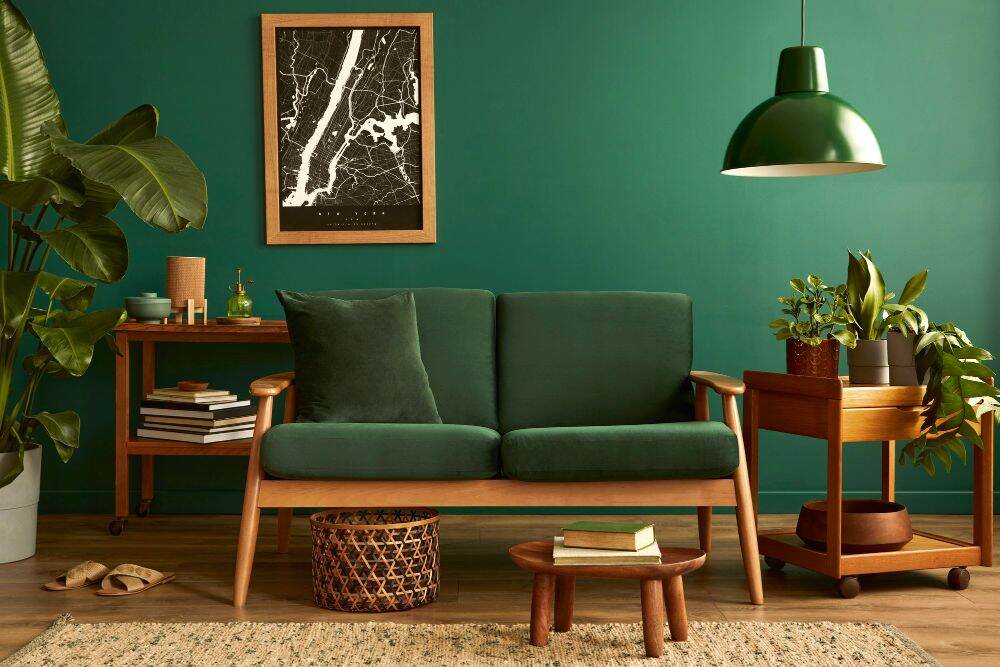 Una sala minimalista con paredes de color verde oscuro, muebles de madera natural y un gran numero de platas decorativas.