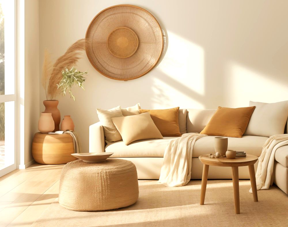 Una acogedora estancia nórdica con una sala en escuadra de color beige que combina perfectamente con las paredes y los tonos naturales en la decoración.