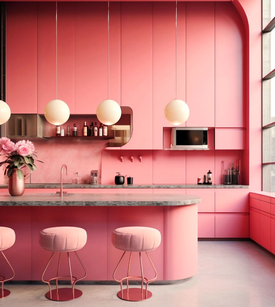 Foto de una cocina lineal completa acompañada de una barra amplia con bancos, todo en de color rosa anaranjado.