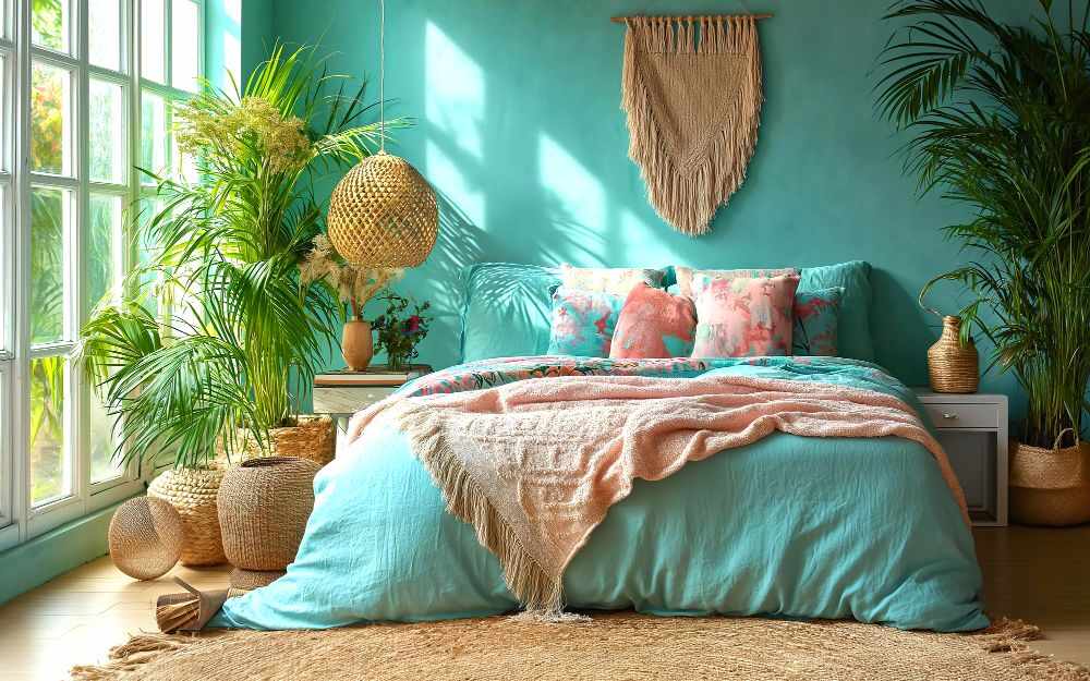 Habitación con paredes de color turquesa con una recámara matrimonial decorada con un conjunto de cama del mismo color; la habitación está decorada por una gran colección de plantas decorativas además de algunos tejidos y artesanías de tono natural.
