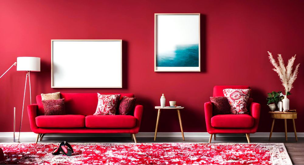 Foto de una elegante estancia en un glamuroso tono burdeos tanto en paredes como en el moderno sofá y sillón que puede verse en la habitación.