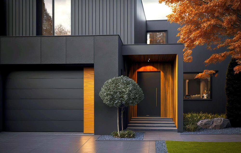 Fotografía de la fachada de una casa de diseño muy elegante y moderno en color negro con algunos detalles dorados para más sofisticación.