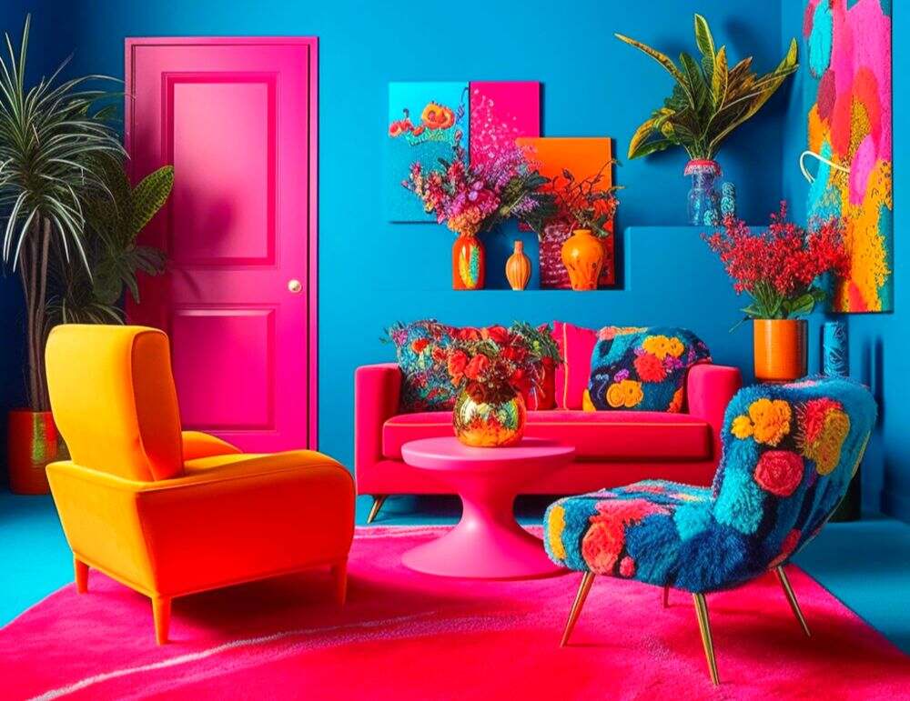 Sala con una combinación de muebles, decoraciones y paredes de colores vivos y atractivos.