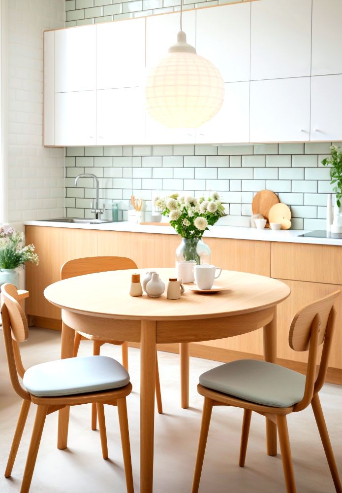 Una cocina lineal de diseño minimalista acompañada por un pequeño comedor circular para 4 personas, todos los muebles están fabricados de madera natural y se encuentran decorados por una amplia variedad de plantas decorativas.