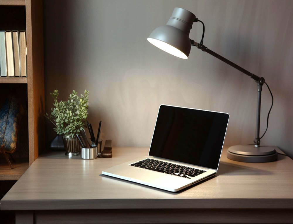 Una oficina moderna y sofisticada que cuenta con una lampara de escritorio tradicional para mejor iluminación en el área de trabajo.