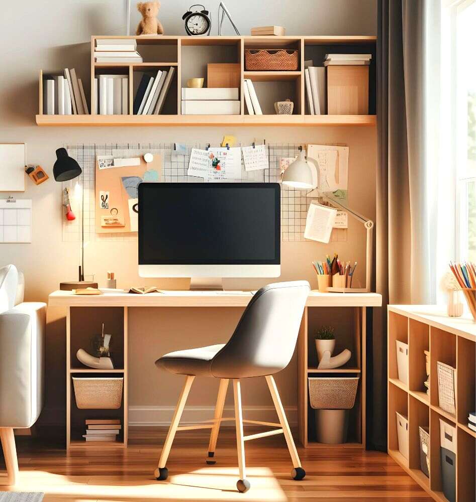 La imagen presenta una oficina en cada instalada en el espacio libre al lado de un sofá, en la que el escritorio cuenta con una gran variedad de espacios además de que se encuentra acompañado por un estante de pared con múltiples compartimentos y un mueble archivero, todos fabricados de madera natural.