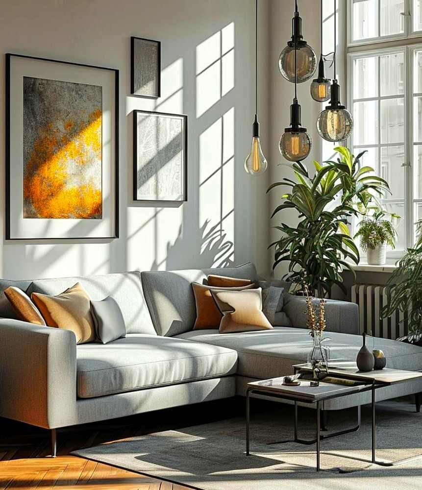 Foto de una estancia con un diseño bastante moderno en la que resalta una sala en escuadra minimalista gris; además de la gran variedad de artículos decorativos que pueden apreciarse en el espacio tales como: cuadros minimalistas, plantas decorativas y lámparas flotantes.