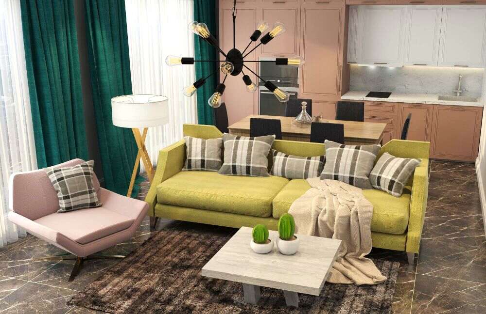 Estancia abierta de un apartamento con un hermoso diseño glam, en el que se puede apreciar una combinación de tonos rosados, blancos y verdes en muebles y decoraciones. 
