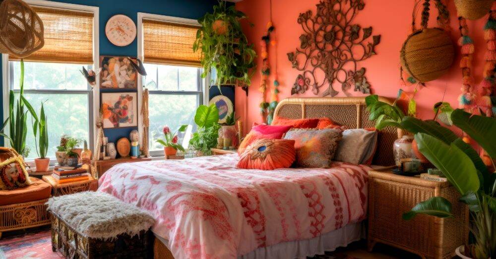 Fotografía de una habitación con un atractivo estilo cottagecore que combina muebles artesanales junto con una amplia variedad de plantas decorativas; todo con una decoración de color rosado.
