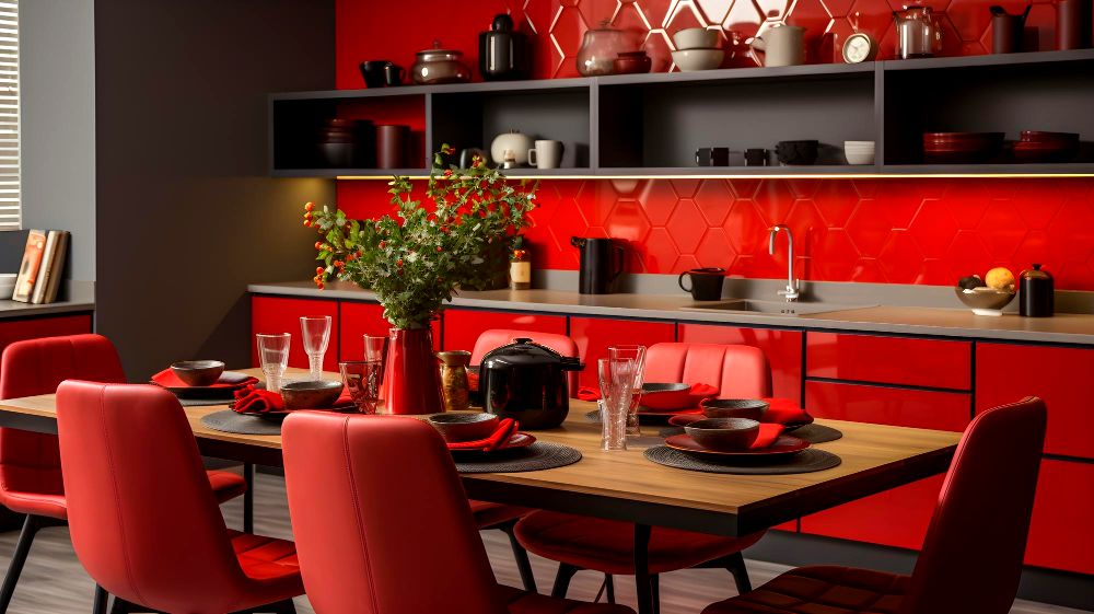 Foto de una extravagante cocina en la que predomina el color rojo dándole un cálido estilo retro. La cocina además esta acompañada por un comedor de 6 personas con sillas rojas y una mesa rectangular en acabado natural.