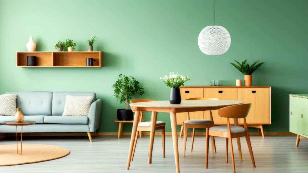 Una estancia abierta de diseño minimalista con paredes de color verde claro que, junto a una sala del mismo tono, un juego de comedor completo en acabado natural y una gran colección de plantas decorativas, dotan de frescura y vida al espacio.