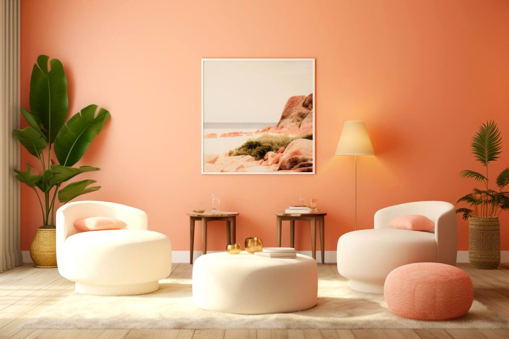 La foto presenta una estancia pequeña con paredes y decoración de un bonito color melocotón, acompañado por unos modernos sillones y taburete de tapiz blanco además de algunas plantas decorativas, haciendo el espacio más acogedor y estético.