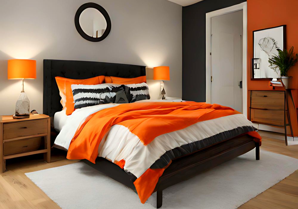 Fotografía de una recámara minimalista diseñada con una combinación de colores blanco, negro y naranja, estos tonos pueden verse en paredes y decoración, además un par de buroes con acabado natural.