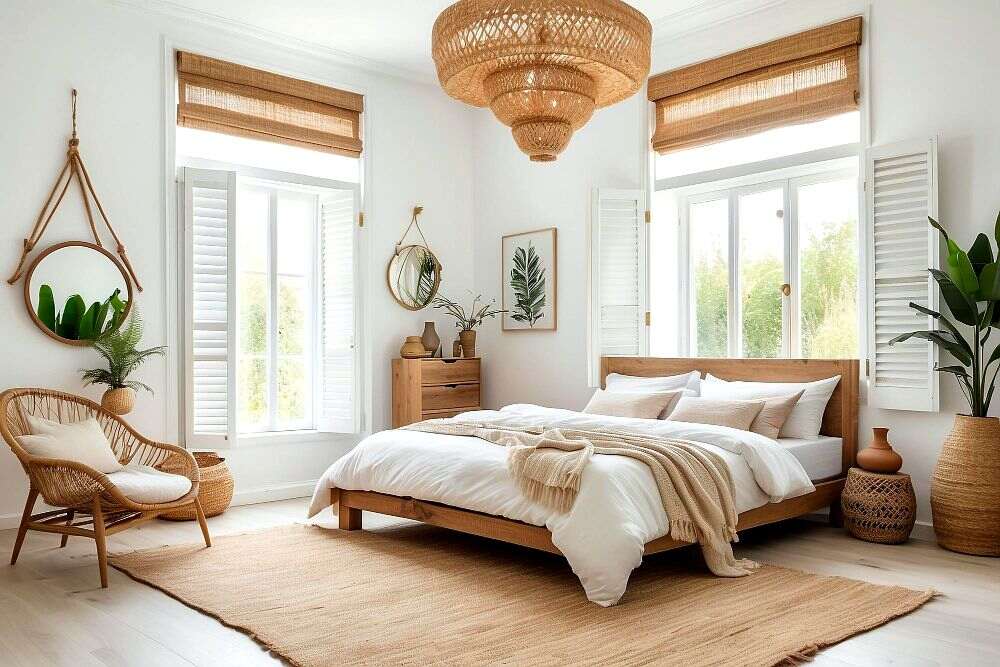 Una habitación con una cama y silla de madera natural, acompañados por otros artículos de fabricación artesanal característicos del estilo escandinavo. Las dos ventanas del espacio junto a la gran colección de plantas decorativas, proporcionan un ambiente fresco y vivido.