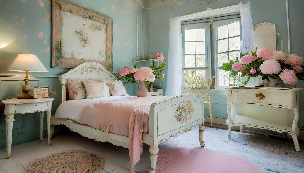 La foto presenta un juego de recámara blanco de diseño vintage instalado en una habitación con paredes de color azul cielo, mientras que la recámara presenta cobijas y cojines de color rosa pastel complementados por una gran colección de flores del mismo color.