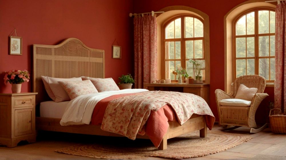 Foto de una recámara rústica completa fabricada con madera natural instalada en una habitación con paredes de un cálido color granada.