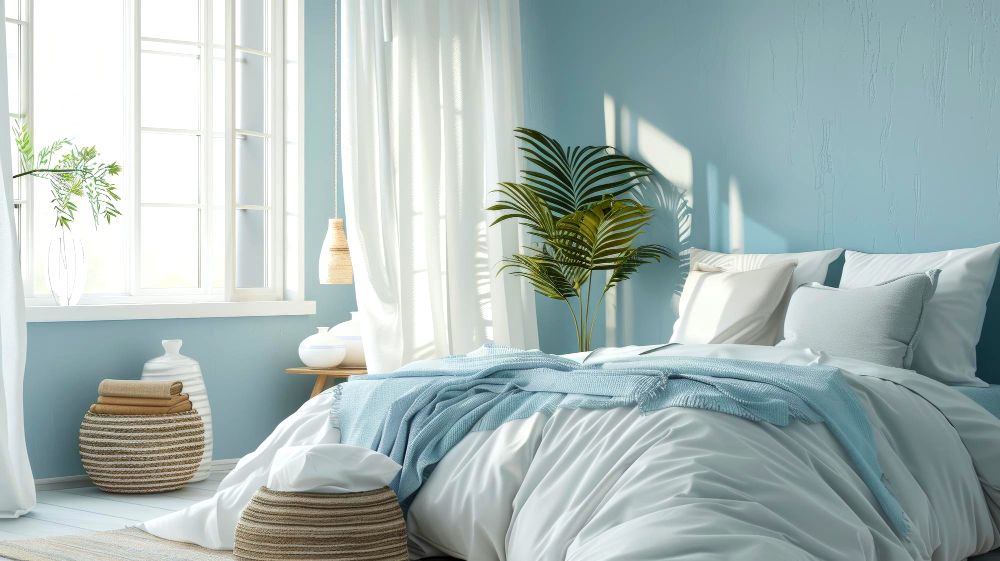 La foto presenta una recámara minimalista con sabanas y cobijas blancas en una habitación con paredes de color azul claro. El espacio es decorado por un juego de jarrones blancos y algunas plantas decorativas de distintos tamaños.