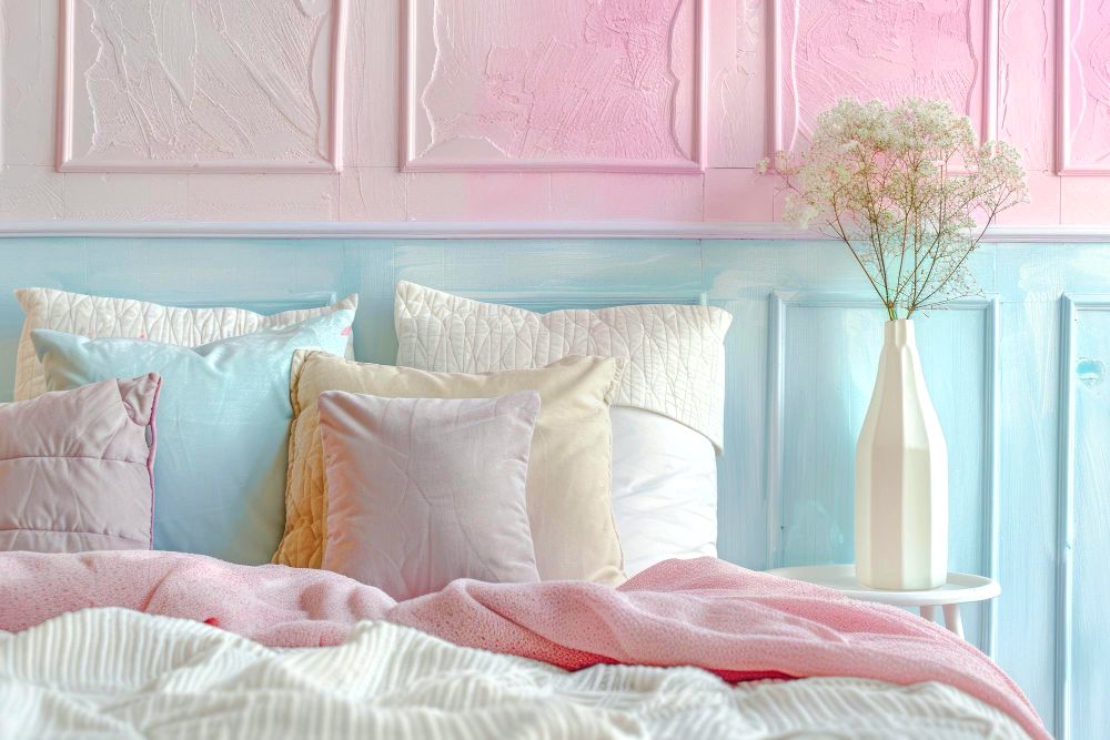 La imagen muestra una toma cercana de una habitación resaltando sus paredes de estilo vintage en una combinación de colores rosal pastel y azul cielo, colores que comparten los cojines y cobijas de la cama.