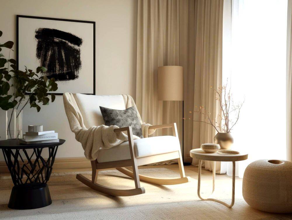 Imagen de una habitación minimalista con una bonita mecedora de madera natural acompañada por una mesitas decorativas y un taburete bordado. La habitación cuenta con una ventana que proporciona iluminación natural al espacio.