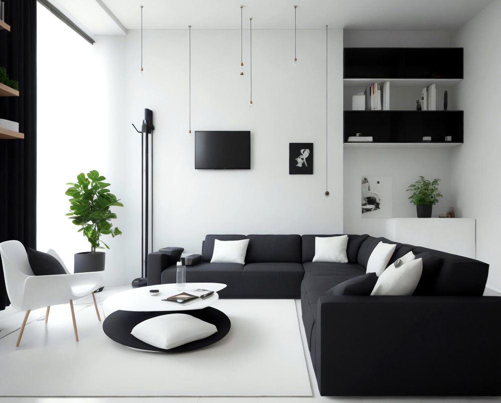 Salón con un estilo moderno con acabados lisos en paredes y estantes, combinando el color blanco de la estancia con detalles y muebles de color negro, tales como la amplia sala en escuadra instalada en el lugar. 