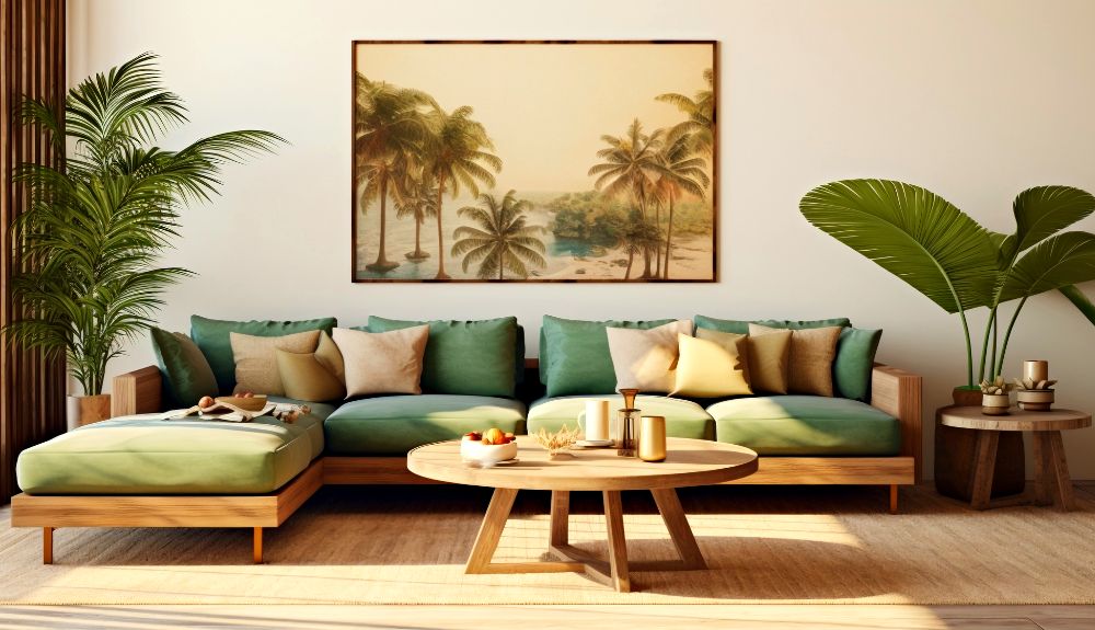 Salón minimalista con pared blanca y piso de madera, en la que se encuentra una bonita sala esquinera con base de madera y asientos de color verde, acompañada por una mesa de centro redonda de madera y dos grandes plantas decorativas.