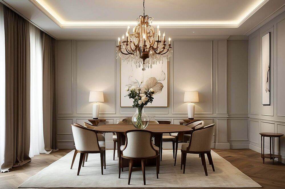 La foto presenta una estancia comedor con un diseño muy elegante, en el que resalta su refinado candelabro clásico.