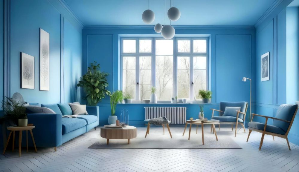 La imagen muestra una estancia con paredes y techo azul con detalles y decoraciones blancas, disimulando un relajante y sereno cielo.