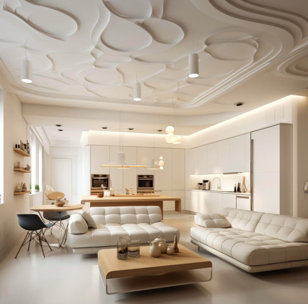 Fotografía de la estancia abierta de un moderno departamento, en el que resalta su amplio techo texturizado de color crema con lamparas suspendidas.