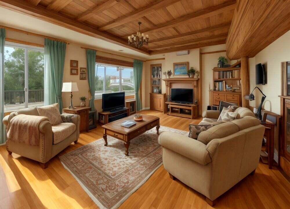 Fotografía de una estancia rústica con piso y techo construidos de madera en su tono natural. La estancia cuenta con una amplia variedad e muebles clásicos de madera, así como una sala con tapiz de color beige.