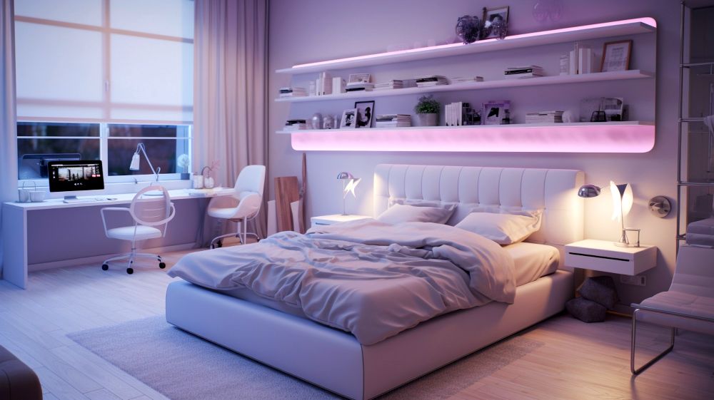 Foto de una espaciosa recámara juvenil moderna con paredes y muebles blancos. La habitación cuenta con un amplio escritorio, una cama matrimonial minimalista, además de una estructura de pared con estantes y tiras de iluminación LED incorporadas.