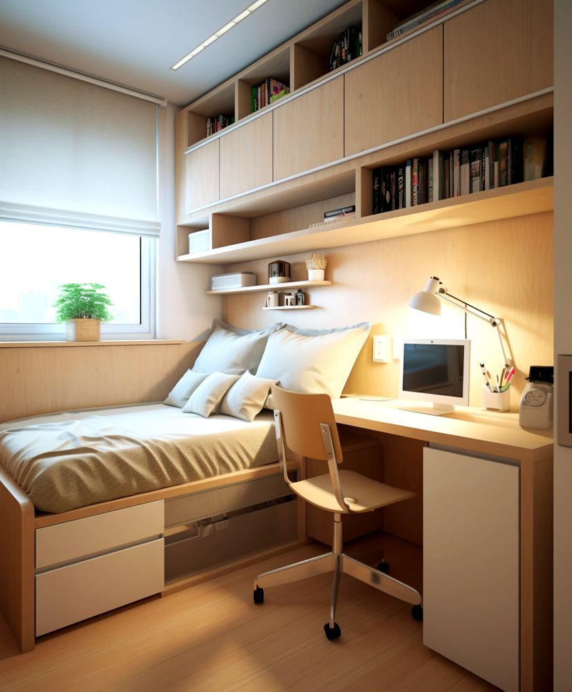 Una habitación pequeña pero funcional en la que se puede apreciar una base de cama con cajones integrados, una estructura flotante con muchos compartimentos y un practico escritorio, todo fabricada de madera natural con diseños lisos y minimalistas.