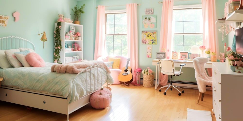La foto presenta una habitación minimalista de diseño femenino y juvenil, con paredes y recámara de color verde limón con decoración en color rosa, además de muebles blancos minimalistas. La habitación cuenta con dos ventanas, por lo que se encuentra perfectamente iluminada.