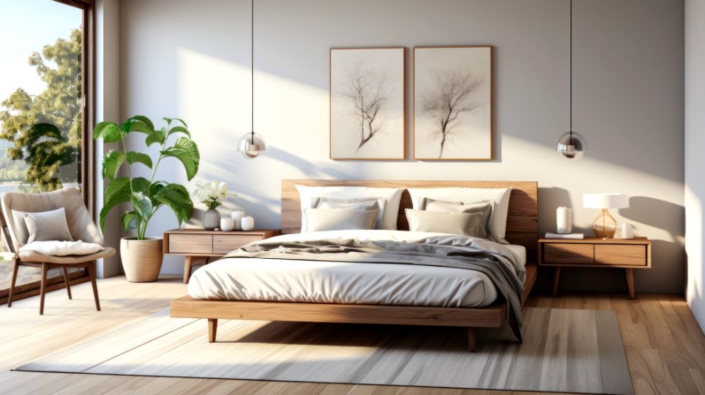 Un dormitorio con paredes blancas y una amplia ventana completa, la habitación tiene una decoración minimalista con una recámara completa de madera natural de diseño fino y moderno.