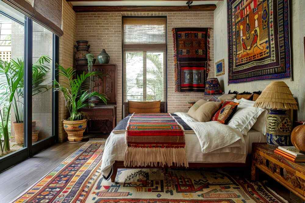 La imagen presenta un dormitorio con un acogedor estilo rústico con muebles de madera con un diseño vintage bastante elegante. El lugar además cuenta con una amplia variedad de tapetes y tejidos con mosaicos en colores vivos y cálidos.