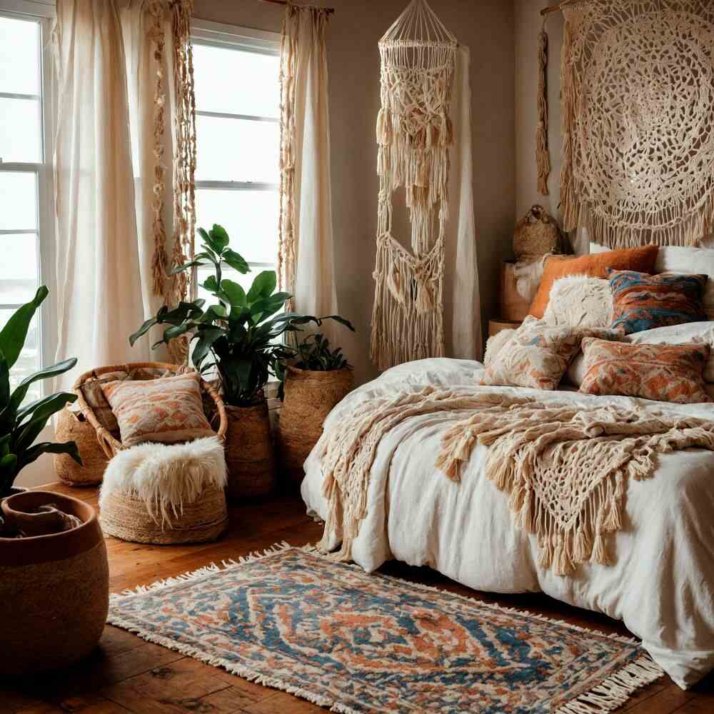 Foto de una habitación con un notable estilo boho, con sus características decoraciones de pared bordadas de colores neutros, combinadas con alfombras y cojines de colores extravagantes junto con una amplia variedad de plantas decorativas.